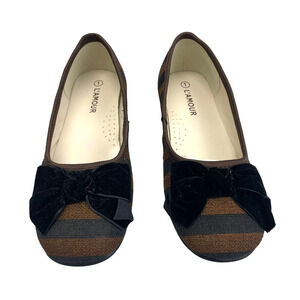 L'amour Girls Stripe Velvet Bow Ballet Flats Size 1 Brown Black